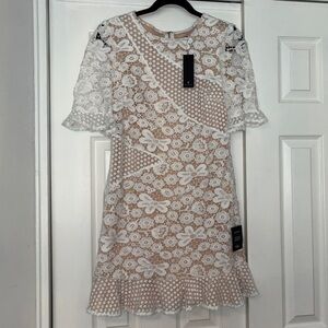 Lulu's White and Tan Lace Dress